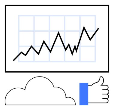 Siyah sivri uçlu grafik bir ızgara ekranda, beyaz bulut ana hatları aşağıda, ve baş parmaklar havada. Analiz, ilerleme, başarı, bulut hesaplama, ağ paylaşımı, veri paylaşım işi için ideal