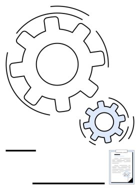Birbirine kenetlenmiş iki vites ve işbirliğini, süreçleri ve başarıyı temsil eden imzalı bir belge. İşletme, yönetim, verimlilik, sözleşmeli iş akışı ortaklığı yeniliği için idealdir. Düz