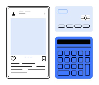 Finans, çevrimiçi ödemeler, bütçe, pazarlama, iş stratejisi, e-ticaret ve dijital araçları temsil eden bir kredi kartı ve hesap makinesi dışında sosyal medya posta düzeni. Düz basit metafor