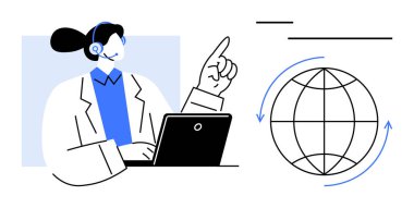 Kulaklıklı, dizüstü bilgisayar kullanan, oklu bir küreye işaret eden, küresel iletişimi sembolize eden bir profesyonel. Destek, teknoloji, iletişim, müşteri hizmetleri, bağlantı için ideal