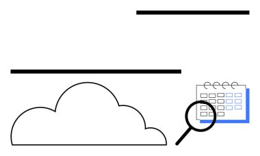 Bulut simgesi, takvim üzerindeki büyüteç organizasyonu, erişimi, planı ve analizi vurguluyor. Veri depolama, verimlilik, teknoloji araştırma işleri için ideal. Düz basit