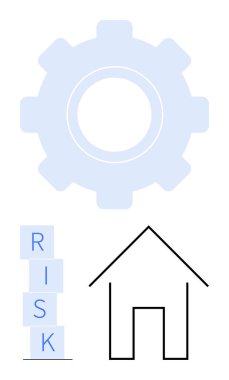 Dişlileri sembolize eden mekanizmalar, bloklara yerleştirilmiş RISK ve ev hatları süreci, istikrarı ve güvenliği temsil ediyor. Strateji, sigorta, konut planlama yeniliği ve ekonomi için ideal. Soyut