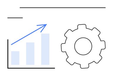 Yukarı doğru ok ile çizilen çubuk grafiği ayarları, verimliliği ve teknik optimizasyonu sembolize eden bir dişlinin yanında büyümeyi gösteriyor. İş, strateji, analitik, yenilik, yönetim, başlangıç için ideal