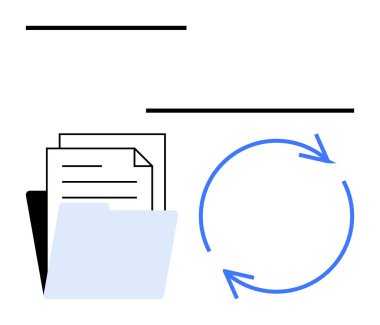 Dizin düzenli kağıtları dairesel okların yanında tutuyor. İşlem akışını, otomasyonu ya da döngüyü gösteriyor. Çalışma akışı, organizasyon, dijital dönüşüm, veri, verimlilik, üretkenlik düzlemi için ideal