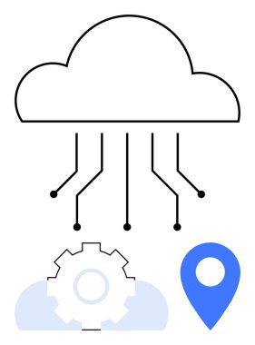 Veri devreli bulut, sistem işlevselliği için bir dişli ve navigasyonu temsil eden konum pimi. Teknoloji, bulut depolama, bağlantı, yazılım geliştirme, veri analizi, dijital için ideal