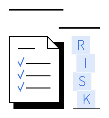 Yığılmış engellerin yanında tamamlanmış görevleri gösteren kontrol işaretli belge RISK yazılıyor. Risk yönetimi, değerlendirmeler, değerlendirmeler, planlama, iş stratejisi, uyum, soyut çizgi