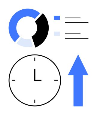 Parçalı pasta tablosu, maddeler ve çizgiler, zamanı gösteren minimalist saat, ilerleme için yukarı doğru ok. Analiz, iş akışı, verimlilik, verimlilik planlama büyümesi için ideal. Düz basit