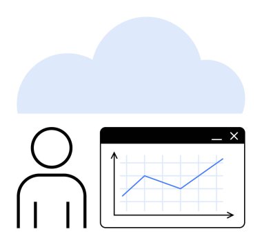 Haritanın yanındaki kişi simgesi bulut sembolü altında yukarı doğru büyüdüğünü gösteriyor. Veri eğilimleri, çevrimiçi depolama, analitik, başarı, teknoloji, dijital strateji, düz basit metafor