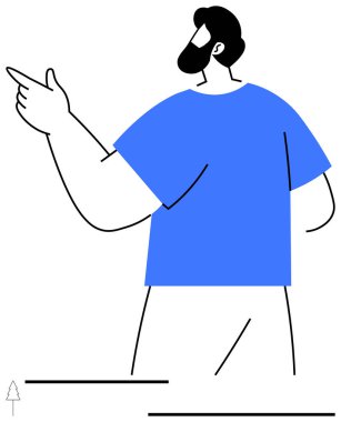 Sakallı adam, soyut doğrusal tarzda koyu mavi gömlek giyen, kendine güvenen bir şekilde işaret parmağıyla hareket eder. Liderlik, sunum, odaklanma, karar verme, iletişim, rehberlik, gündelik
