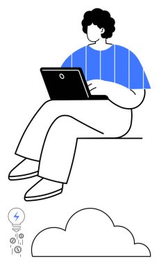 Dizüstü bilgisayarla oturmuş, bulut çevresiyle iç içe. Bulut hesaplama, teknoloji, uzaktan çalışma, yenilik, yaratıcılık, çevrimiçi dijital çözümler için ideal. Düz basit metafor