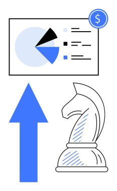 Veri içeren pasta grafiği, yukarı doğru ok, şövalye satranç taşı ve strateji, büyüme ve analizi temsil eden dolar işareti. Planlama, işletme, finans stratejisi analizlerinin karar verme süreci için ideal