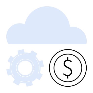 Teçhizatlı ve dolar işaretli bulut, teknolojiyi, otomasyonu, finansı sembolize ediyor. Bulut hizmetleri, fintech, veri çözümleri, yenilikçi ekonomik büyüme süreci optimizasyonu için idealdir. Düz basit