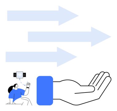 Kişi giyilebilir aygıt verilerini yorumlarken, büyük el destek ve ilgiyi, oklar ise gelişimi, gelişimi ve yönü simgeler. Sağlık, teknoloji, yenilik ve sağlık yardımı için ideal