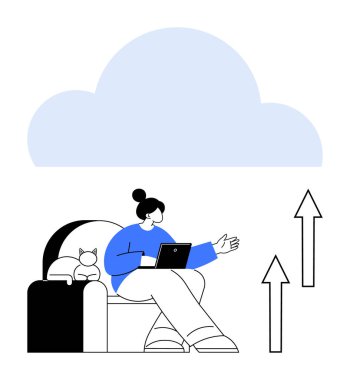 Tabletle kanepede oturan kadın, yanında kedi, yukarıdaki büyük bulut ve yukarı doğru giden oklar veri yüklemesini simgeliyor. Bulut hesaplama, uzak çalışma, üretkenlik, veri depolama, teknoloji için ideal