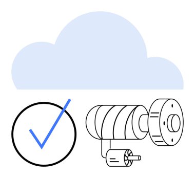 Bulut arkaplanının önündeki güvenlik kamerası mavi işaretli, güvenlik ve verimliliği simgeliyor. Teknoloji, güvenlik, bulut depolama, doğrulama, izleme ve siber güvenlik için ideal