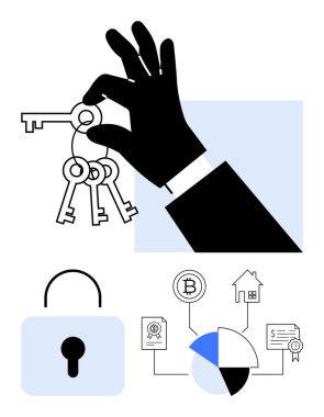 Siyah el silueti bir asma kilidin yanında anahtar ve blok zinciri, mülk, grafikler, güvenliği temsil eden, mülkiyet, veri yönetimi, engelleme zinciri, erişim kontrolü için simgeler tutuyor. Mahremiyet için ideal