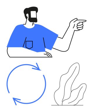 Sakallı adam özgüvenle öne bakıyor, dairesel oklar devamlılığı gösteriyor, soyut bitki büyümeyi işaret ediyor. Liderlik için ideal, sürdürülebilirlik, yenilik, rehberlik, ilerleme, ekoloji