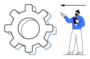 Dişliler süreç optimizasyonunu temsil ederken, panosu olan bir adam iş akışı ve ilerlemeyi ön plana çıkarıyor. İş stratejisi, liderlik, takım çalışması, planlama ve yenilik için ideal