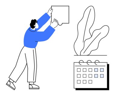 Bitki ve takvimin yanında konuşma balonu tutan işçiler, iletişimi, planlamayı, programı, üretkenliği, yaratıcılığı sembolize ediyor. Takım yönetimi, görev organizasyonu, zaman yönetimi için ideal