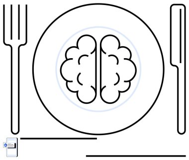 Tabakta çatal, bıçak ve akıllı telefonla servis edilen beyin dijital bilgi tüketimini gösteriyor. Teknoloji, eğitim, öğrenme, medya, dijital dönüşüm, kavramsal düşünce düzlemi için ideal