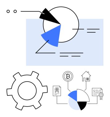 Bitcoin, ev, sertifika gibi blok elementleri içeren turta şeması ve ekipman. Finans, teknoloji, gayrimenkul, kripto para, işlem analizi yeniliği için ideal. Düz basit metafor