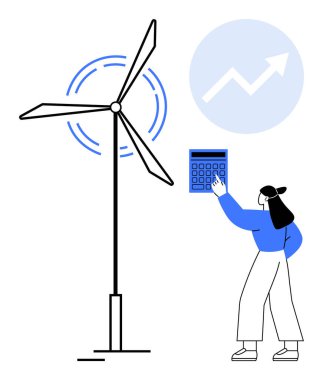 Dişi figür, temiz enerji bağlamında rüzgar türbini yakınında hesap makinesi ve yukarı doğru grafik kullanır. Sürdürülebilirlik, yenilenebilir enerji, yenilik, teknoloji, ilerleme, büyüme, çevre için idealdir. Düz
