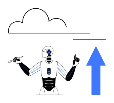 Robot bulut yapısıyla etkileşime girer, Stylus 'u yukarı doğru tutarak. Teknoloji, yapay zeka, yenilik, gelecek, bağlantı ve veri paylaşımı için ideal. En küçük düz düz