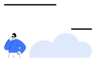 Mavi gömlekli adam, üzerinde siyah soyut çizgiler olan minimalist bulutların yanında fikirleri düşünür. Beyin fırtınası, yenilik, teknoloji, yaratıcılık, problem çözme, tefekkür, minimalizm için ideal