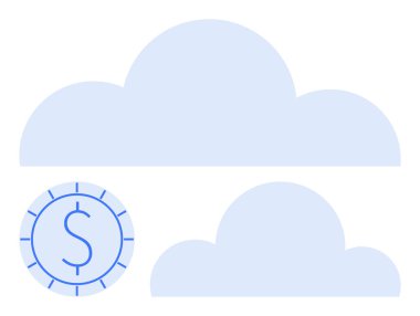 İki yumuşak mavi bulut, üzerinde bir dolar işareti olan ve bulut teknolojisini ve finansal kavramları sembolize eden temiz bir madeni paranın üzerinde süzülüyor. Finans, teknoloji, tasarruf, yenilik, bütçe ve dijital hizmetler için ideal