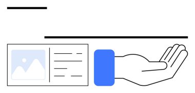 Metin satırları ve resim bölümü olan bir belge sunmak için avuç içini aç. Konseptler için ideal destek, paylaşım, sunum, yardım, bilgi ve iletişimi destekler. Düz basit