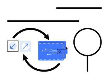Devre dizaynlı cüzdan, veri transferini sembolize eden oklar, arama ya da analiz öneren büyüteç. Finans, teknoloji, çevrimiçi ödeme, güvenlik, veri yönetimi ve yenilik için ideal