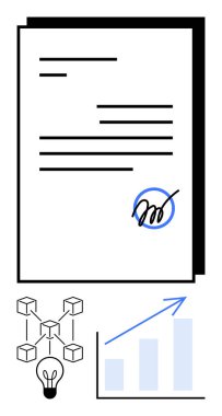 İmzalanmış belge yasal onayı sembolize eder, ağ küpleri engelleme teknolojisini temsil eder, ampul fikirleri, yukarı doğru grafik ise büyümeyi. Teknoloji, iş, yenilik için ideal