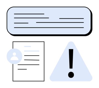 Metin satırlı uyarı pankartı, profil şekilli belge simgesi ve ünlem işaretli uyarı üçgeni. İletişim, uyarı, bilgi, uyum, uyarı, organizasyon için ideal