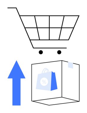 Alışveriş arabası, yukarı doğru ok ve indirimli çanta çevrimiçi perakende büyümeyi, e-ticaret eğilimlerini ve başarılı teslimatı sembolize ediyor. Perakende, e-ticaret, lojistik ve iş büyümesi için ideal