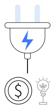 Yıldırımlı elektrik prizi gücü temsil eder, dolar işareti içeren daire maliyeti simgeler, ve bir ampul yeniliği simgeler. Enerji verimliliği, yenilik ve çevre dostu için ideal.