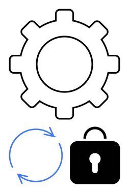 Ayarlar için vites, güvenliği sembolize eden asma kilit ve yenilenme veya güncelleme için dairesel oklar. Güvenlik için ideal, sistem kurulumu, yazılım, teknoloji, koruma, istikrar güncellemesi. Düz basit
