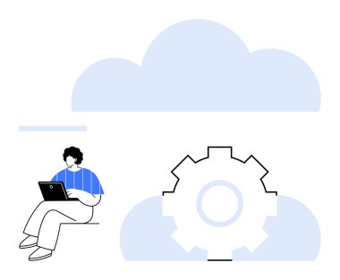 Büyük mavi bir bulut ve teçhizatın yanında oturan kişi bulut bilişim, yenilik ve teknolojiyi sembolize ediyor. Bulut depolama, veri yönetimi, bağlantı, üretkenlik ve dijital için ideal