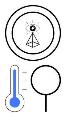 Dairesel çerçeve içinde bir göz ve üçgen, sıcaklığı ölçen bir termometre ve büyüteç sembolü. Vizyon, gözlem, bilim, analiz, keşif verileri için idealdir. Düz