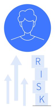 Baş profil çizgisi yukarı bakan oklar ve üst üste yığılmış RISK blokları olan bir daire şeklinde. İş stratejisi için ideal, risk yönetimi, büyüme, liderlik, karar verme mekanizması, mali planlama, soyut