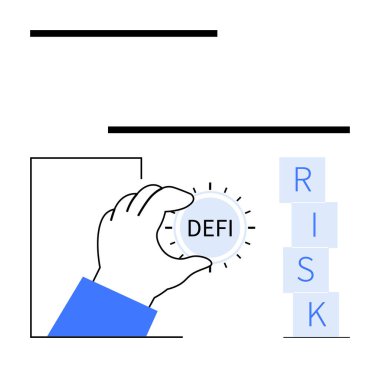 RISK 'i minimum dizaynla heceleyen istiflenmiş blokların yanında DeFi etiketli bozuk para tutuyor. Finansal teknoloji, yatırım, risk yönetimi, engelleme zinciri, ademi merkeziyetçi finans, fintech analizi için ideal