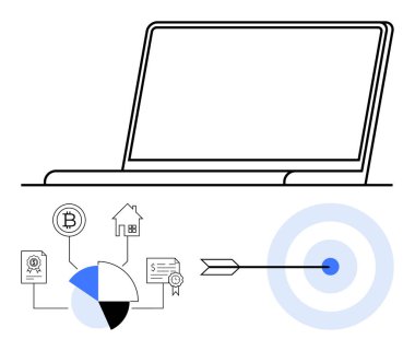 Pasta grafiğiyle eşleştirilmiş dizüstü bilgisayar, kripto para birimini temsil eden ikonlar, ev, doküman ve dolar, ve hedef planlama, veri analizi anlamına gelir. Finans ve yatırım teknolojisi için ideal
