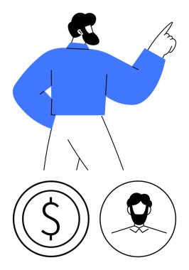 Mavi gömlekli adam iki dairesel para ve kullanıcı profili üzerinde kendine güveni olan birini işaret ediyor. Finans, liderlik, kariyer büyümesi, yatırım, başlangıç, koçluk, düz metafor için ideal