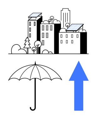Ağaçlarla çerçevelenmiş güneş panelleri, korumayı sembolize eden şemsiyesi ve yukarı bakan mavi oku olan kentsel binalar. Sürdürülebilirlik, büyüme, çevre, yenilenebilir enerji ve kentsel planlama için ideal