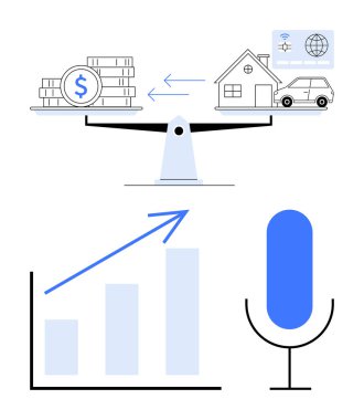 Parayı varlıklarla dengeleme, ilerlemeyi gösteren ölçü çubuğu ve iletişimi temsil eden mikrofon. Finans, yatırım, büyüme, teknoloji, denge stratejisi verimliliği için ideal. Düz