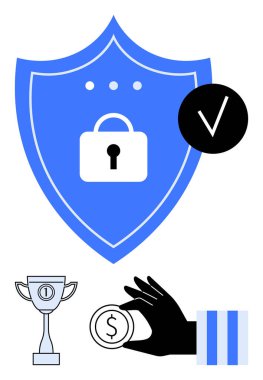 Mavi kalkan, kilit simgesi, işaret, kupa, el ele tutuşan bozuk para. Siber güvenlik, finans, kimlik doğrulama, güvenilirlik veri gizliliği için idealdir. Düz basit metafor