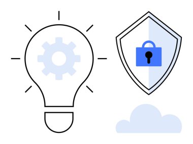 Ampulün içinde teçhizat, kalkanın altında kilit ve bulut var. Yenilik, güvenlik, teknoloji, bulut hesaplama, veri koruma yaratıcı düşünme ve güvenlik kavramları için idealdir. Soyut çizgi