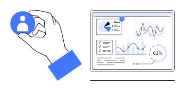 El kavrayıcı kullanıcı profili simgesi ve analitik, grafik ve grafikleri gösteren veri zengini gösterge paneli. Veri analizi, kullanıcı yönetimi, iş stratejisi, hedef kitle, dijital pazarlama için ideal