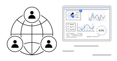 Takım çalışmasını sembolize eden bağlı kullanıcı ağı, grafikleri ve grafikleri olan bir analitik gösterge panelinin yanında. İşbirliği için ideal, uzak çalışma, veri analizi, iletişim, yenilik, küresel