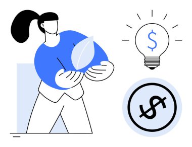 Bir dolar işareti ve bozuk para sembolü olan bir ampulün yanında, ekolojik bilinci sembolize eden bir yaprak tutan kadın. Sürdürülebilirlik, yenilik, finans, eko-ticaret, yeşil enerji, yatırım için ideal