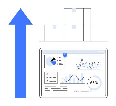 Yığılmış kutular ve analitik gösterge panelinin yanında ilerleyişi temsil eden grafik ve grafiklerle yukarı doğru ok. Büyüme, analitik, iş başarısı, lojistik, strateji, verimlilik, verimlilik için ideal